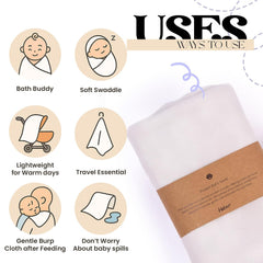 Haber Traditional Baby Muslin Bath Towel 130 Gsm | Organic Indian Cotton 4 Layer, Eco-Conscious & Safe Printed Muslin Cloth Towels | Pack Of 1 (White)
