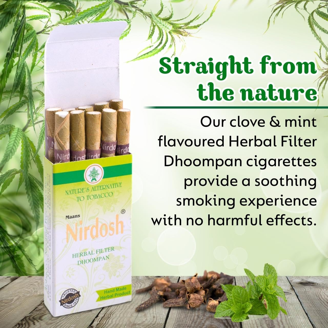 Clove Mint Flavored Herbal Filter Dhoompan Sticks - Pack Of 2X 10 Pcs Herbal Cigarette | Bidi Sticks Rolled In Tendu Leaves, Non-Addictive Sticks - Tobacco Free & Nicotine Free