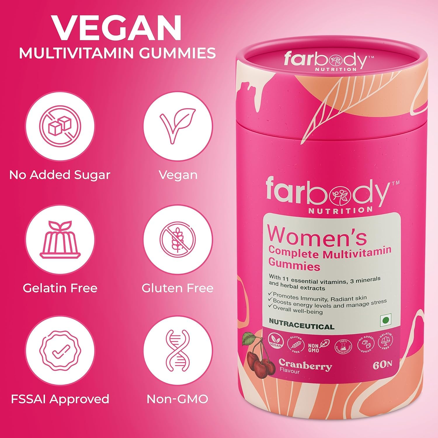 Farbody Women's Multivitamin Gummies With Iron, Zinc, Magnesium, Vitamins A, C, D3, E, B6, B12, Biotin For Immunity, Radiant Skin, Boost Energy | 60 Gummies , 300gm 0.66lbs