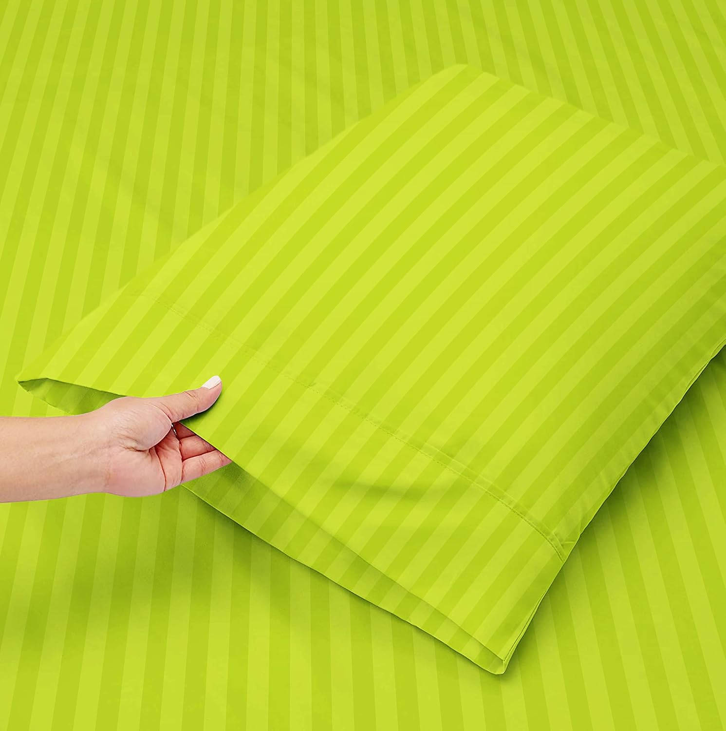 Double Bedsheets King Size With 2 Pillow Covers - Size-78 X72+10 Inches, Green | All Around Elastic 220 TC Super Soft Striped Pattern Breathable