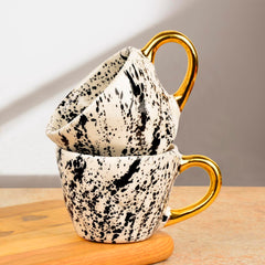 Premium Handmade Dalmation Ceramic Coffee Mugs With Golden Handle Set Of 2 - 200ml Each, White & Black | Tea Cups & Mugs - Chai Cups