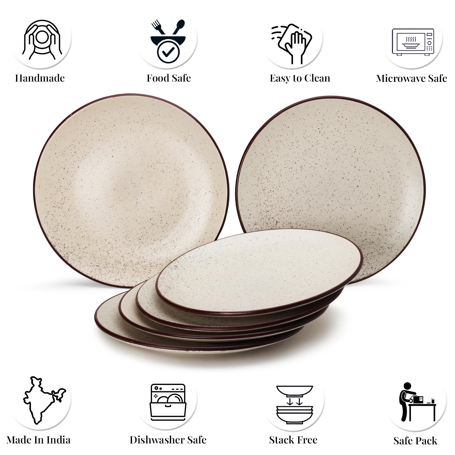 Ceramic Hand Glazed Stoneware Large Dinner Plates Set Of 6 - 10.6 Inch, Beige Speckled | Microwave Safe & Dishwasher Safe - Handcrafted Dinner Plates