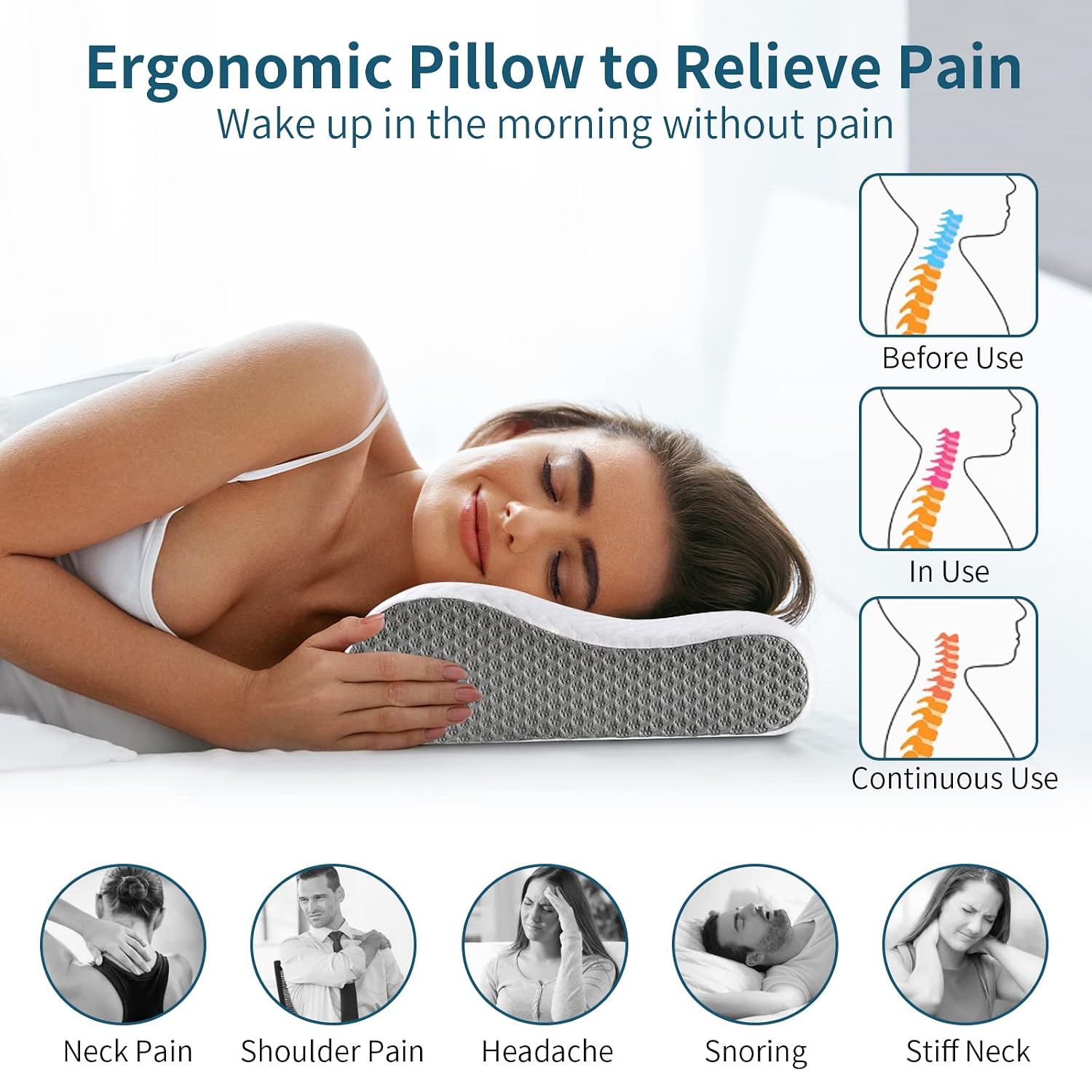 Memory Foam Pillow For Pain Relief, Bed Pillow For Sleeping - White & Grey | Ergonomic Orthopedic Pillow, Cervical Pillow For Neck & Shoulder Pain | For Side, Back, Stomach Sleeper