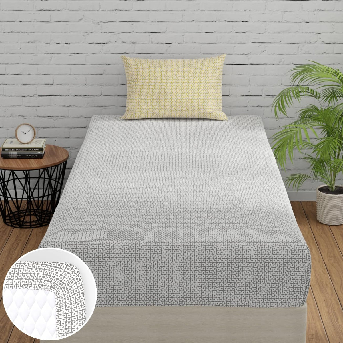 Elastic Fitted Bedsheet For Single Bed Pure Cotton With 1 Pillow Cover | 36 X 78 Inches, Grey & Yellow | Lightweight, Soft, & Comfortable