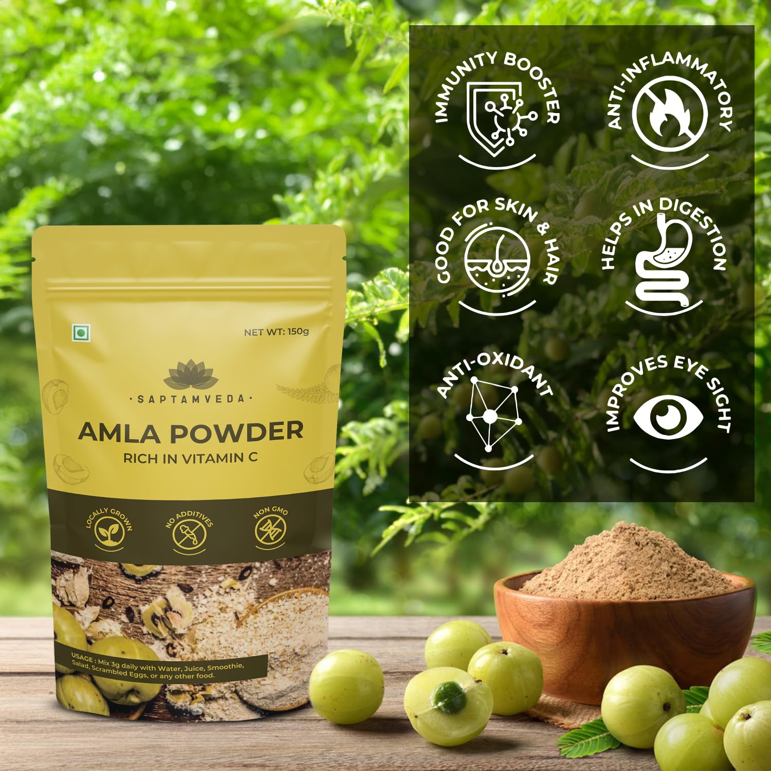 Saptamveda Amla Indian Gooseberry Powder Drinking, Eating, Hair Nourishment, Repair Damage Hair & Skin Care | 150gm 0.3lbs Each Pack Of 2