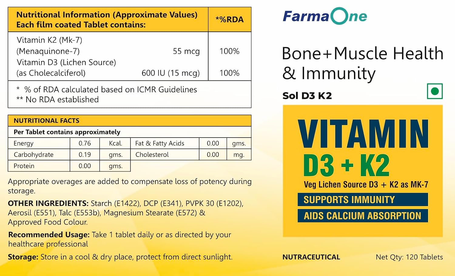 Farma One Vitamin D3 600 Iu (15 Mcg) + Vitamin K2 (55 Mcg) Mk-7 Menaquinone, Bone & Muscle Health, Immunity Booster | 120 Veg Tablets , 200gm 0.4lbs