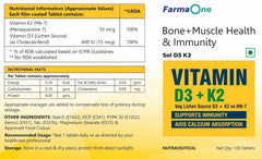 Farma One Vitamin D3 600 Iu (15 Mcg) + Vitamin K2 (55 Mcg) Mk-7 Menaquinone, Bone & Muscle Health, Immunity Booster | 120 Veg Tablets , 200gm 0.4lbs