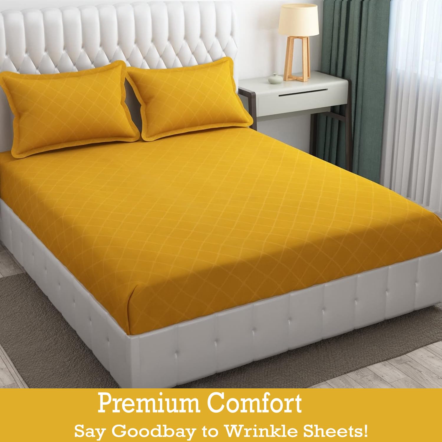 144 TC King Size Bedsheet With 2 Pillow Covers - 90 X 95 Inches | Yellow, Barfi Design Bedsheet | Machine Washable & Wrinkle Resistant