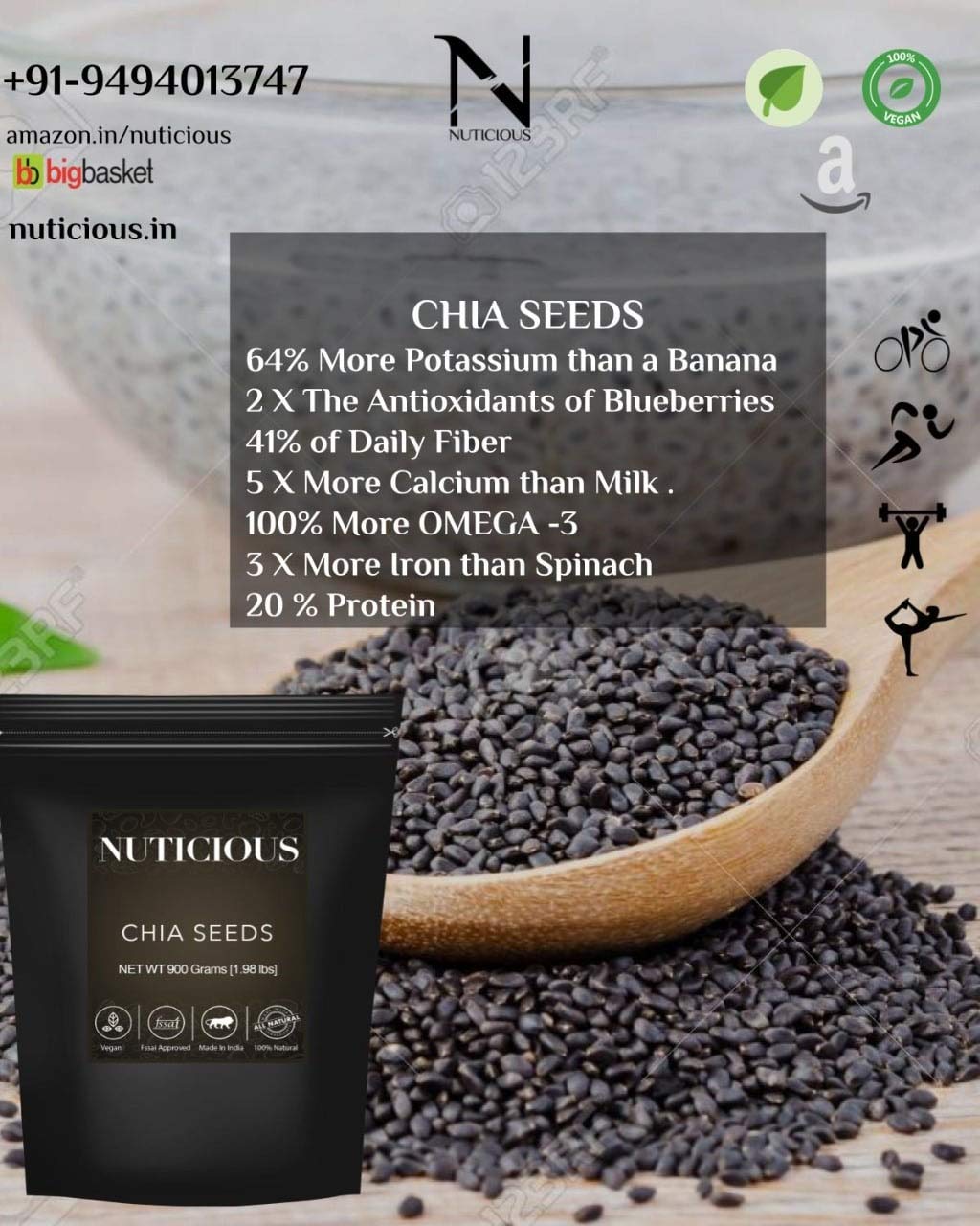 Nuticious Organic Chia Seeds, Gluten Free & 100% Vegan, Plant Based Protein, Highly Nutritious & Source Of Essential Macronutrient | 450gm 0.9lbs