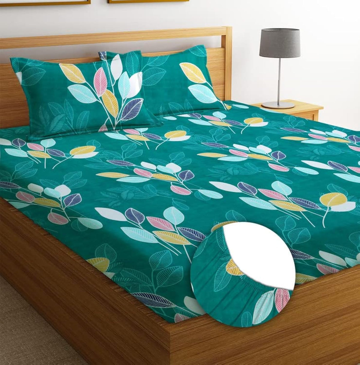 Elastic Fitted Double Bedsheets With 2 King Size Pillow Covers - 72x78+10 Inches, Dark Green | Double Bed With All Around Elastic 180 Thread Count Super Soft