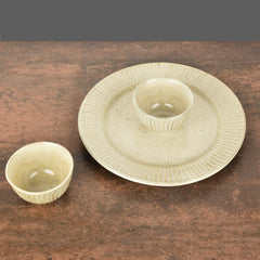 Ribbed Ceramic Dinner Serving Plate With 2 Dinner Bowls Set Of 3 - Ivory, Plate Diameter: 10 Inches - Dazzling Riviera