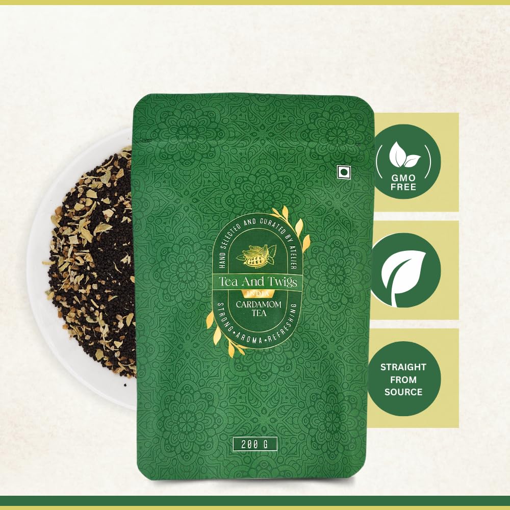 Tea And Twigs Strong Cardamom Tea - Pack Of 2 X 200gm, 7.05 Ounce Each | Premium Indian Chai With CTC Black Tea & Real Cardamom - Assam & Dooars Elaichi Chai
