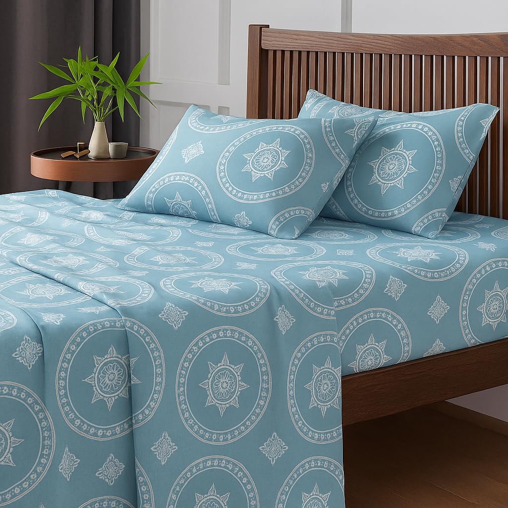 Microfiber Printed King Size Bedsheet With 2 Pillow Cover - 90 X 100 Inches, Sky Blue | Hotel Luxury Bedding Wrinkle Free | Ultra Durable & Easy Care