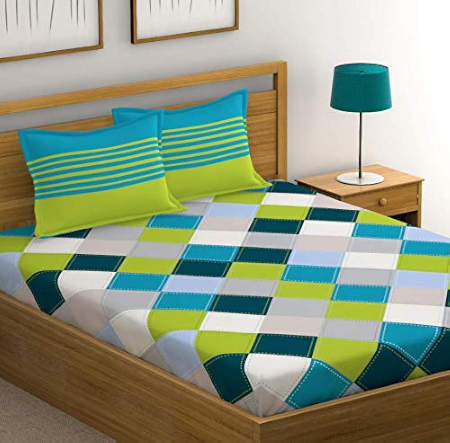 Cotton King Size Bedsheet With 2 Pillow Covers - 108 X 110 Inches, Green & Sky Blue | Color Fade Resistant Bedsheet | Ideal For Hotel, Guest House