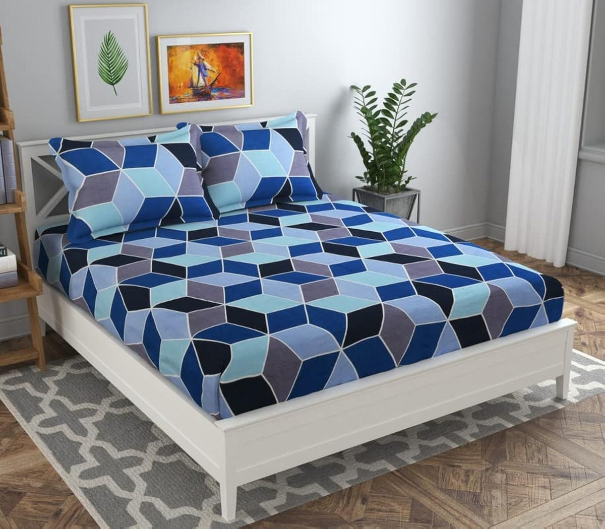 Double Bedsheet With 2 Pillow Covers - 86 X 88 Inch, Blue & Grey | Soft Brushed Microfiber-Breathable & Wrinkle Free Bedsheet