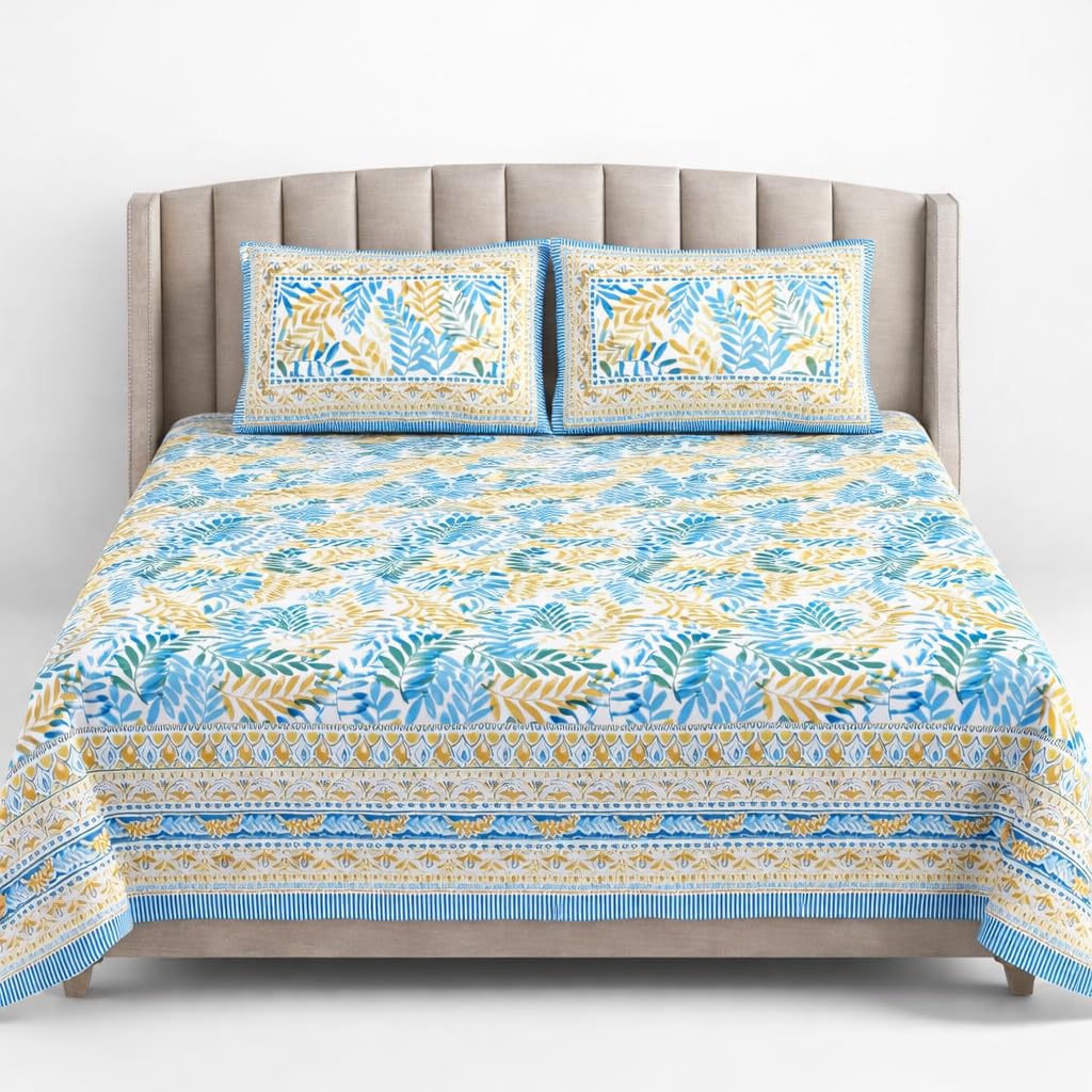 Jaipuri Cotton Bedsheet For King Size With 2 Pillow Covers | 90 X 108 Inches, Sky Blue & Yellow | Ultra-Soft & Skin-Safe | Breathable Summer Comfort
