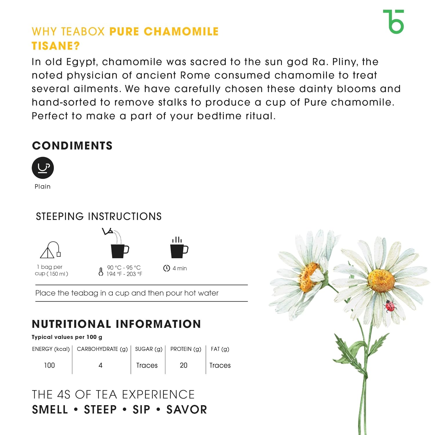 Teabox Pure Chamomile Flowers Tea - 30gm, 1.05 Ounce | Can Make Hot Tea, Iced Tea, Mocktails, Cocktails - Caffeine Free Herbal Infusion - GMO Free, Non-Bitter