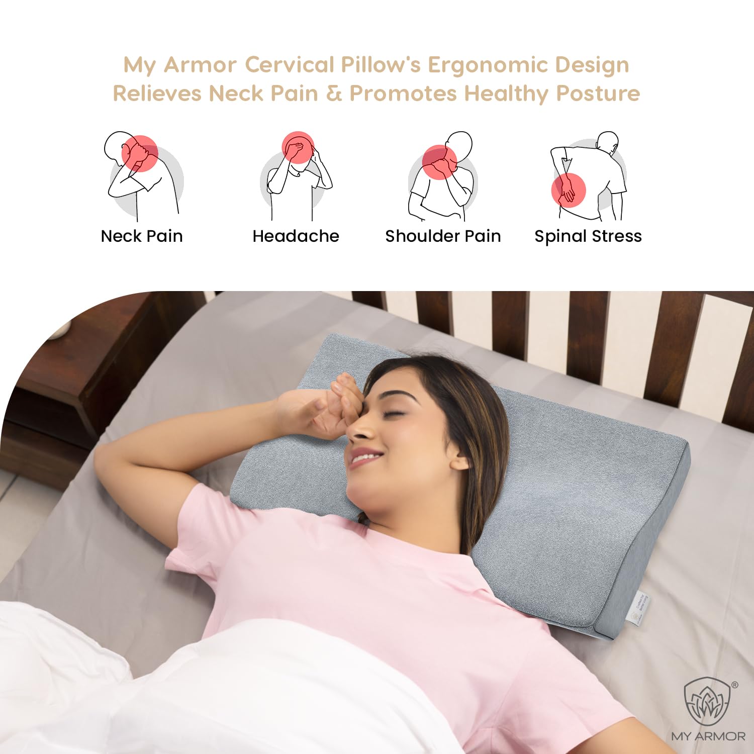 Cool Gel Cervical Pillow For Neck Pain & Shoulder Pain, Standard Size - 4 Inch | Spondylitis Neck, Orthopedic Memory Foam Pillow For Sleeping, Dual Height, With Washable Grey Velvet Cover