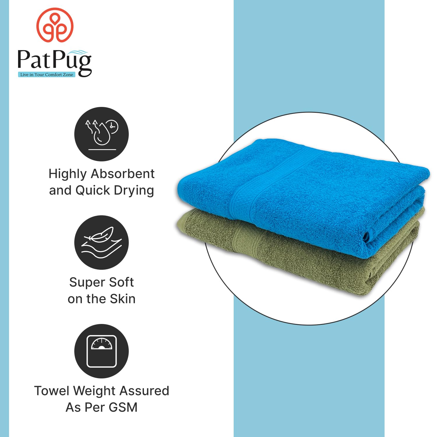 Patpug 100% Indian Ultra Soft Cotton 500 Gsm Highly Absorbent, Fade Resistant, Quick Drying Large Bath Towel (Olive Green & Turquoise Blue)