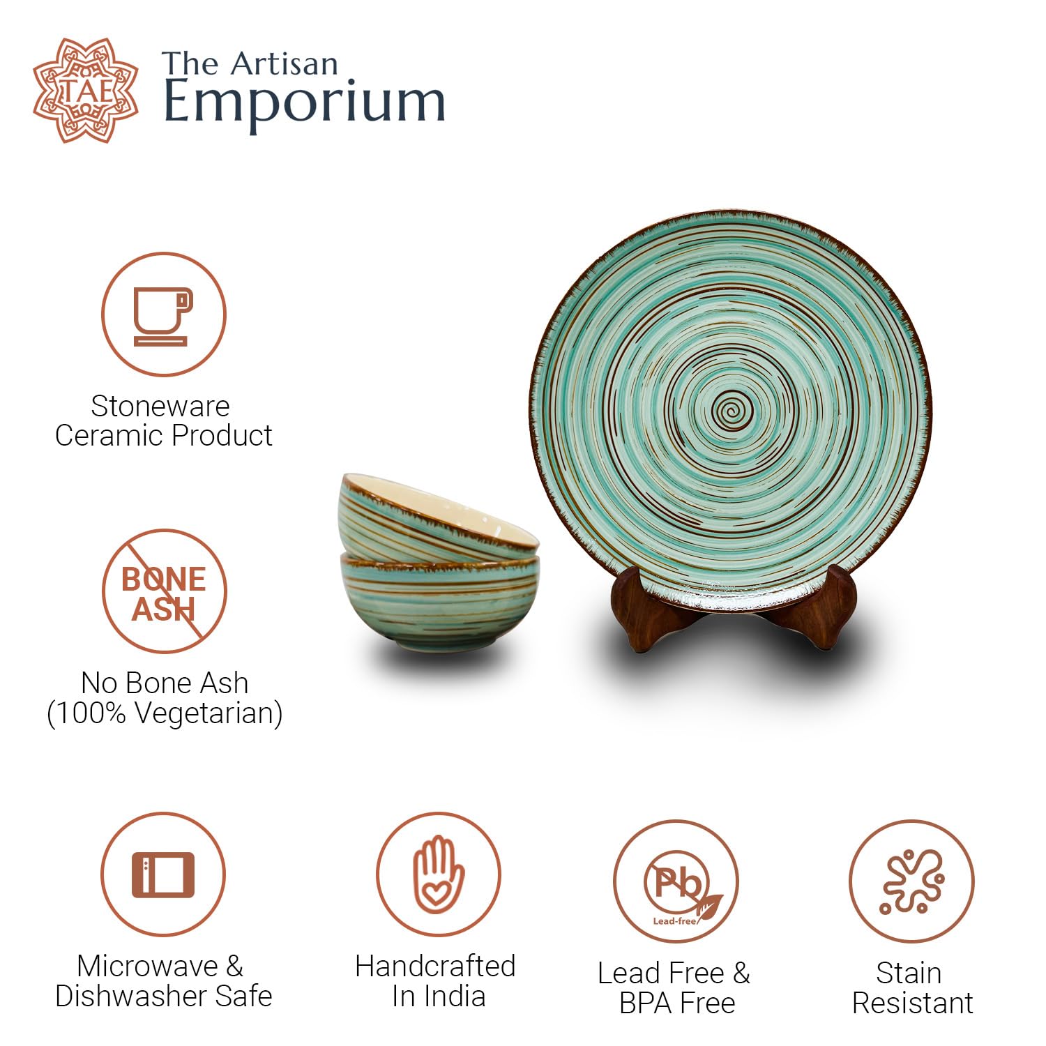 Iris Turquoise Handcrafted Ceramic Dinner Set - 3 Pieces | 1 Dinner Plate + 2 Katori Bowls, 180ml Each Dinnerware Set | Serving For 1, Microwave Safe & Dishwasher Safe