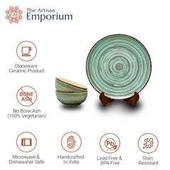 Iris Turquoise Handcrafted Ceramic Dinner Set - 8 Pieces | 4 Dinner Plates + 4 Katori Bowls, 180ml Each Dinnerware Set | Serving For 4, Microwave Safe & Dishwasher Safe
