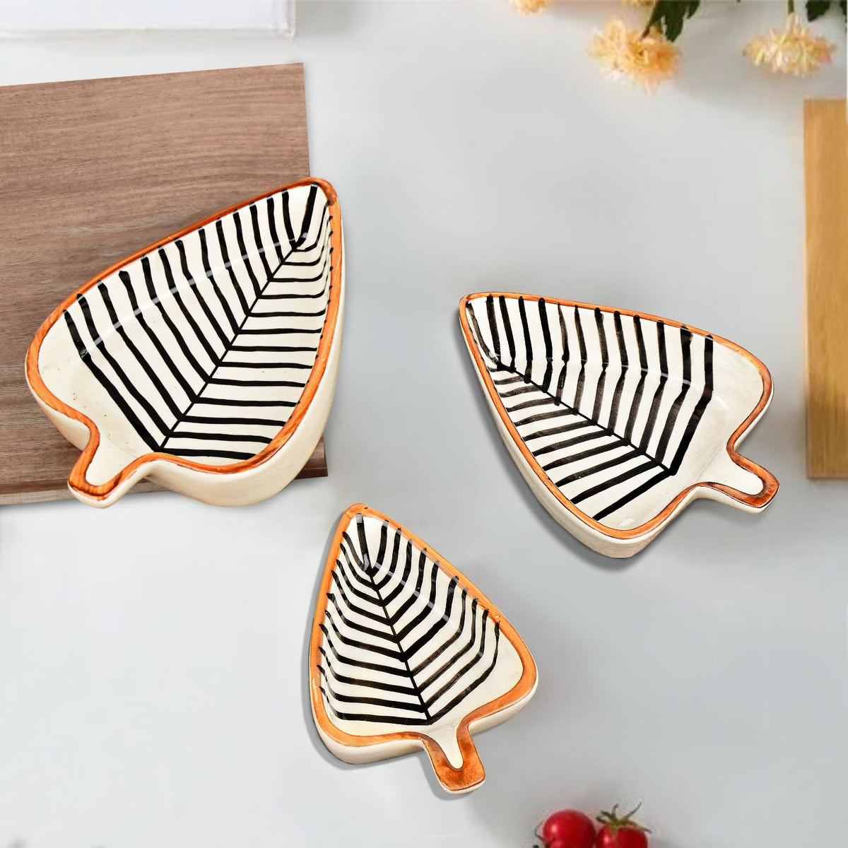 Leaf Shaped Hand Painted Ceramic Glossy Tray - Set Of 3, White, Black Lines | For Serving Cookies, Dry Fruits, Sweets & Snacks, Length – 16 Cm, 15 Cm & 12 Cm | Small Platter Set