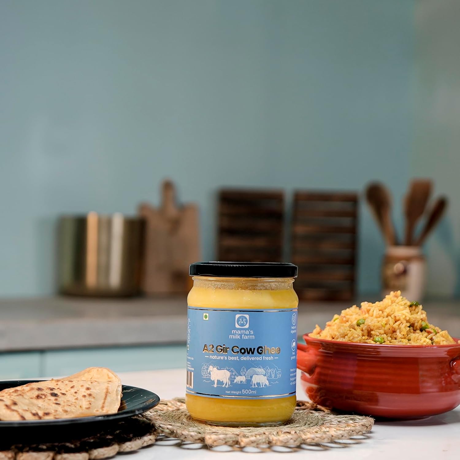 Pure Premium A2 Gir Cow Ghee By Mama'S Milk Farm | High In Protein Fiber Healthy Desi Ghee Perfect For Sweets & Dishes | 1.5 Litre (500ml * 3) | 50.7 Ounce | Jar Pack