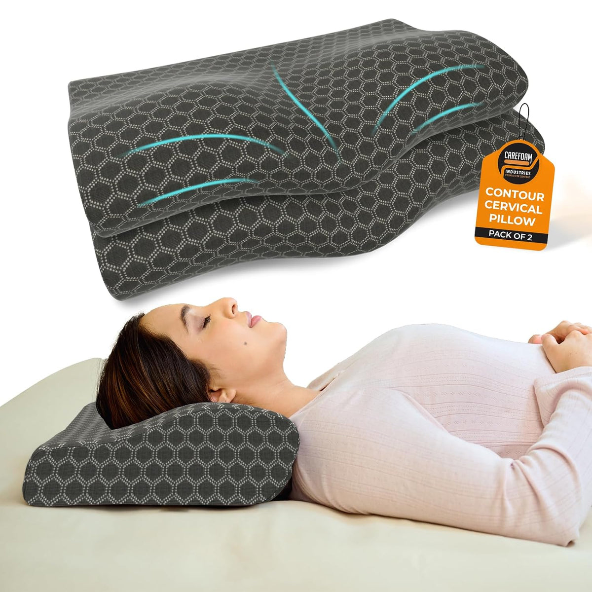 Cooling Gel Memory Foam Cervical Neck Pillow, For Pain Relief, Size - 19 X 12 X 4 Inch | Soft Pillow For Spinal Alignment, Neck Pain Relief | Black Jacquard Cover - Pack Of 2