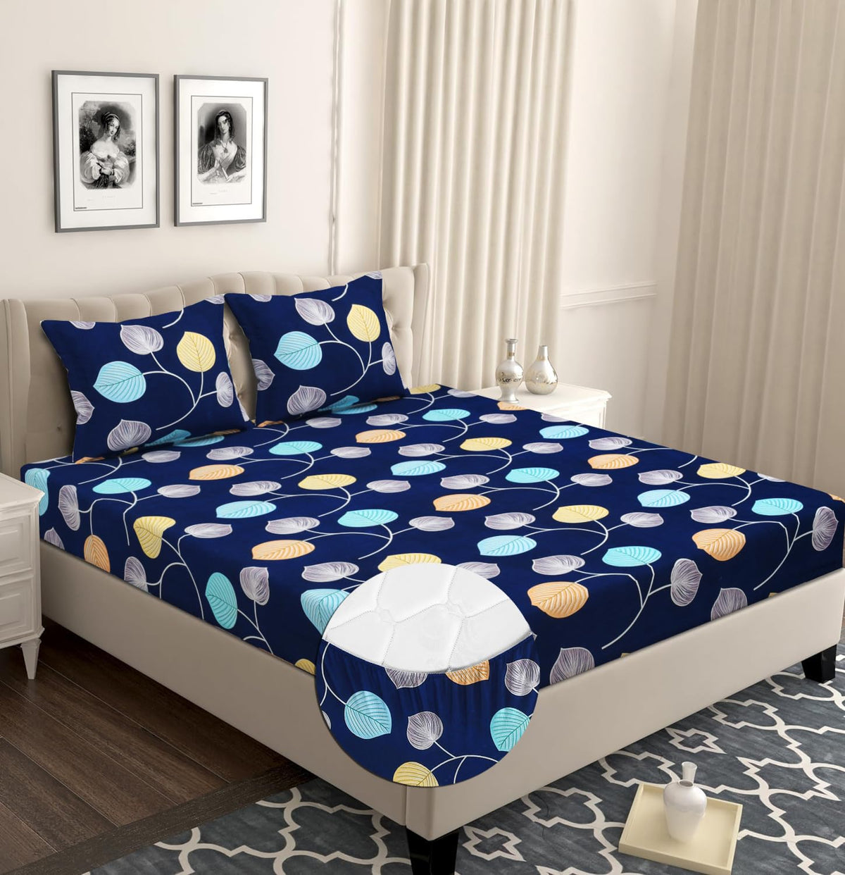 Elastic Fitted Double Bedsheets For Queen Size With 2 Pillow Covers - Size 72 X 68 X 6 Inches, Navy Blue | Double Bed With Corner Elastic | Wrinkle Free Super Soft Floral Breathable