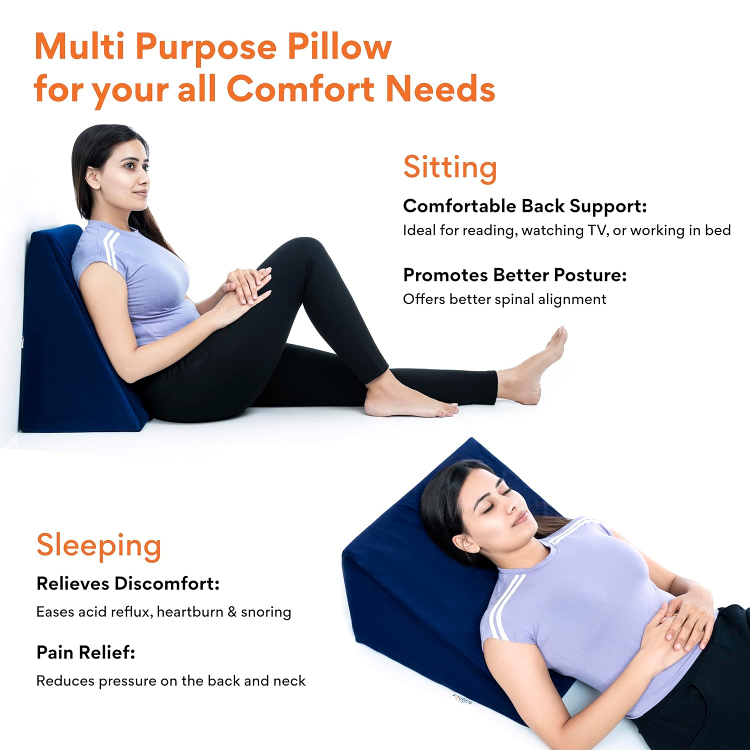Wedge Pillows, Orthopedic Memory Foam Back Support For Bed, Navy Blue, Medium Size - 18 L X 17.5 W X 11 H Inch | Wedge Cushion, For Acid Reflux, Snoring, Leg Elevation, Removable Cover