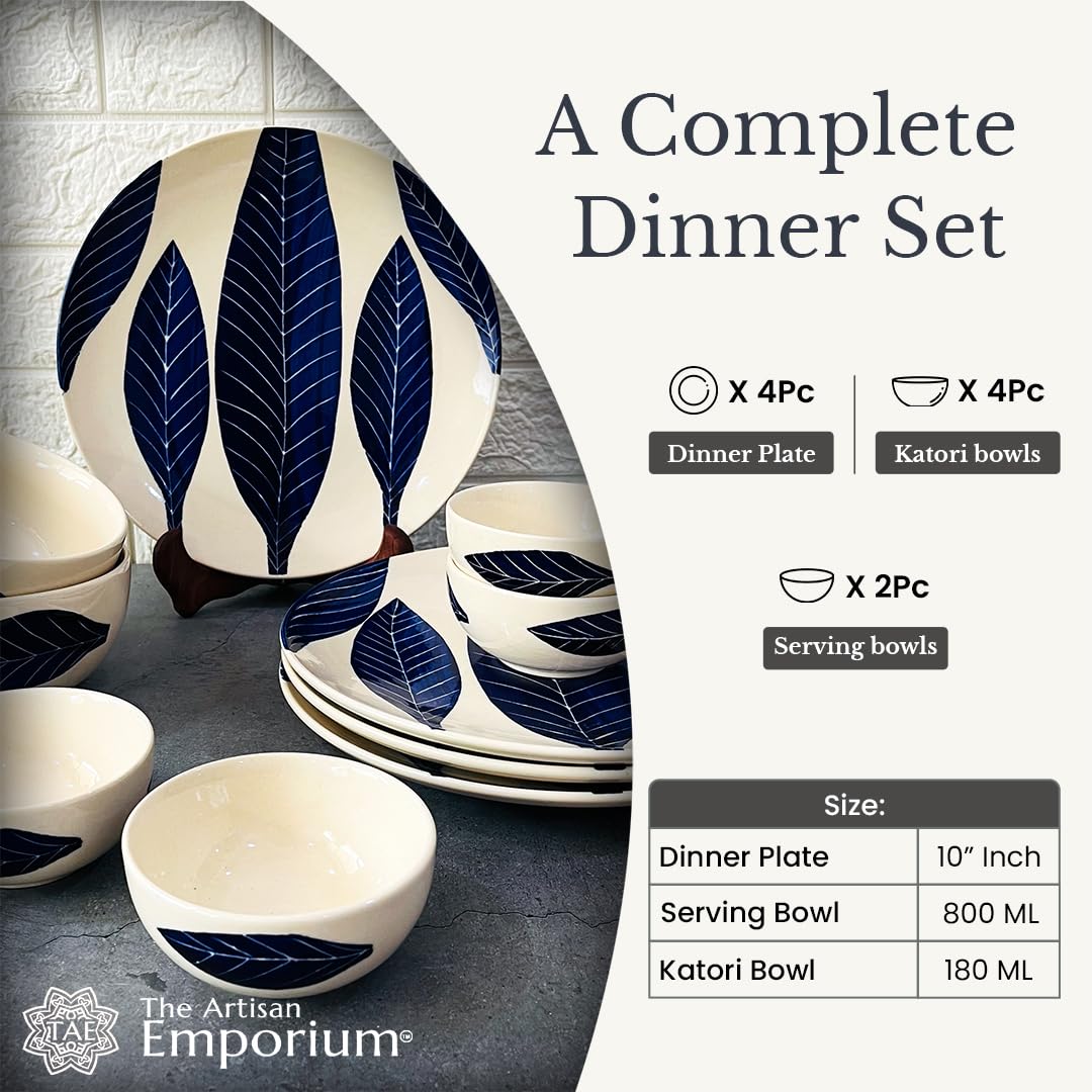 Patram Hand Painted Ceramic Dinner Set - 10 Pieces, White & Blue | 4 Dinner Plates + 4 Katori Bowls, 180ml Each+ 2 Serving Bowls, 800ml Each Dinnerware Set | Serving For 4, Microwave Safe