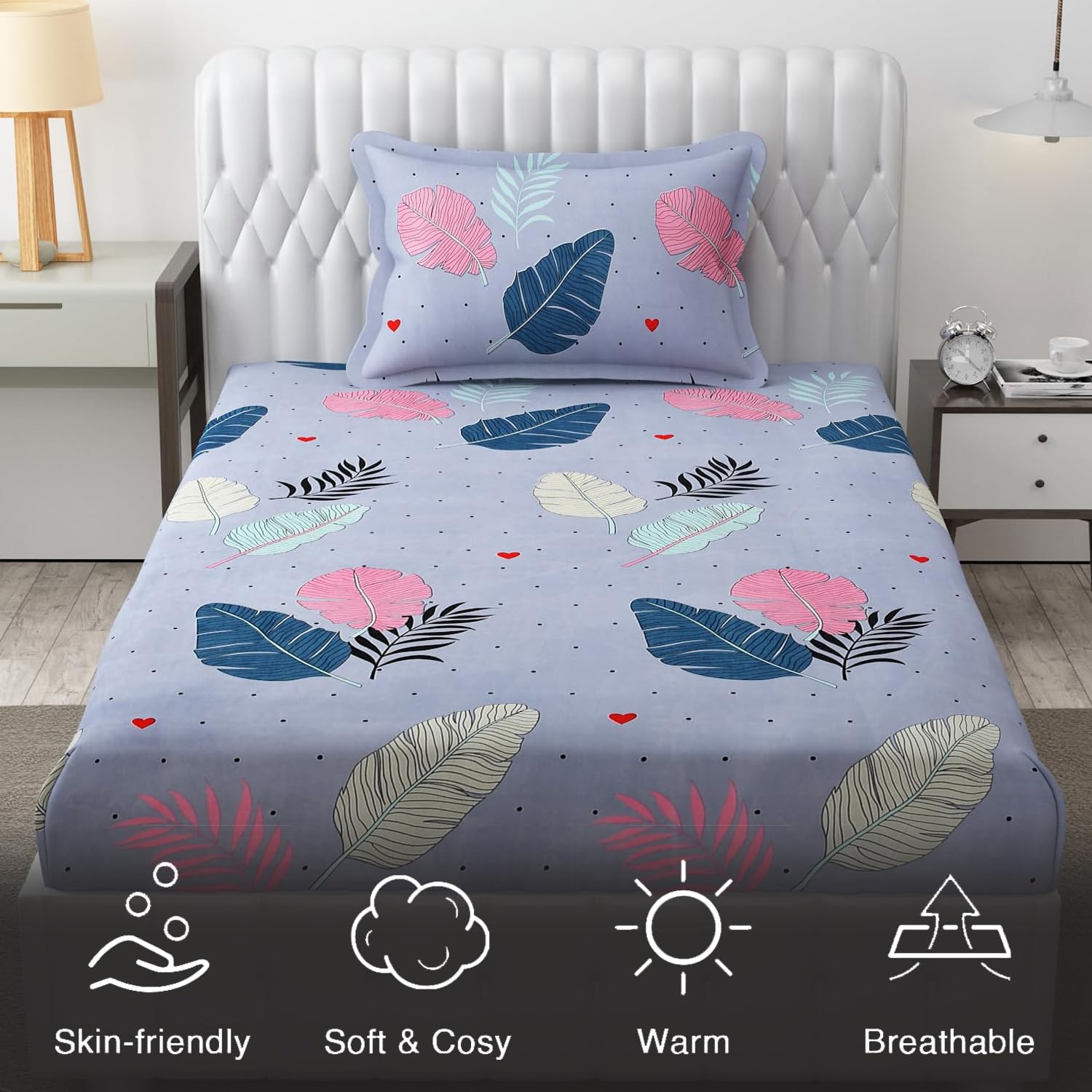 Microfiber Single Bedsheet Set With 1 Pillow Covers (60 X 90 Inches) Multicolor | Durable & Long-Lasting | 144 Thread Count | Wrinkle Free