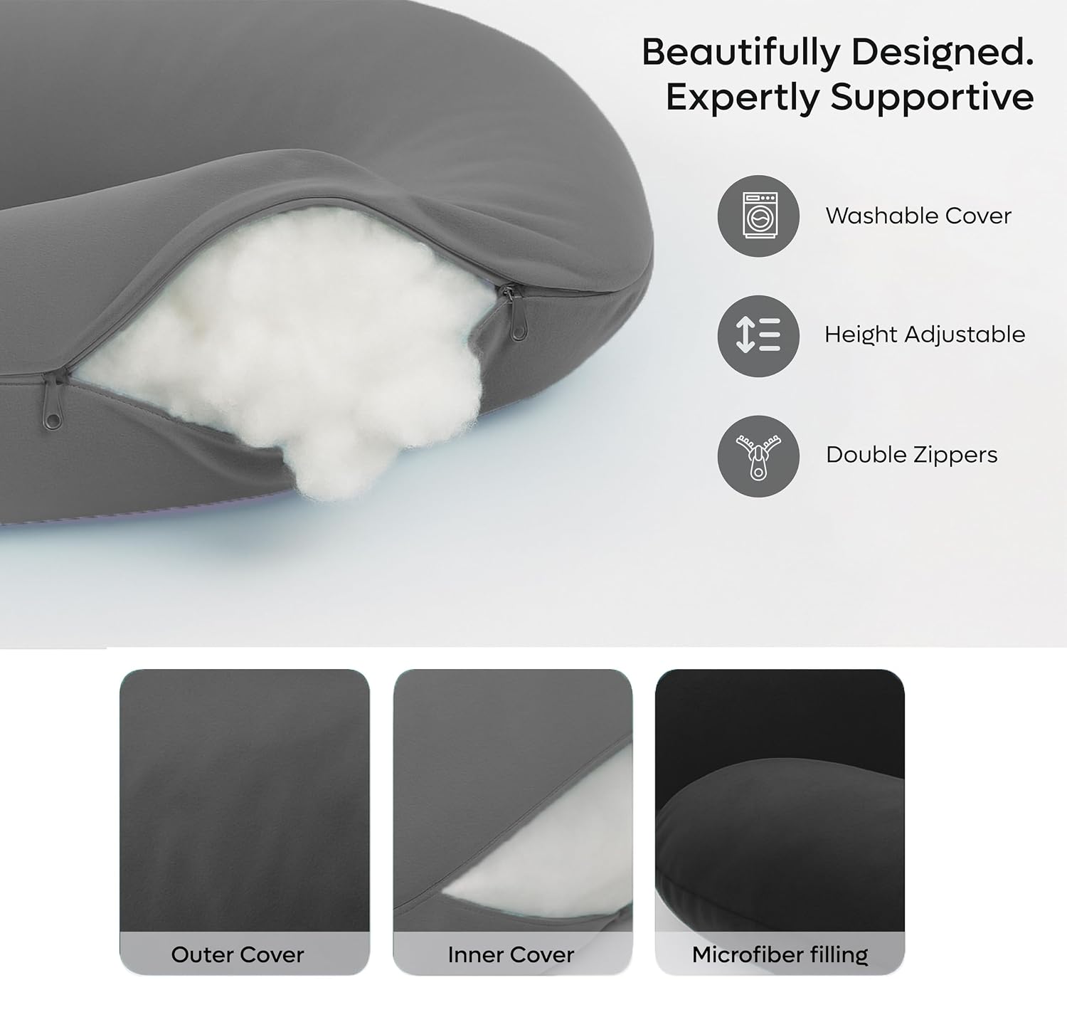 J Shape Pregnancy Pillows For Sleeping, Maternity Support, Soft Pillow, Grey | Multipurpose Pillow For Back, Hips, Support With Removable Washable Velvet Cover, Perfect For All Sleepers
