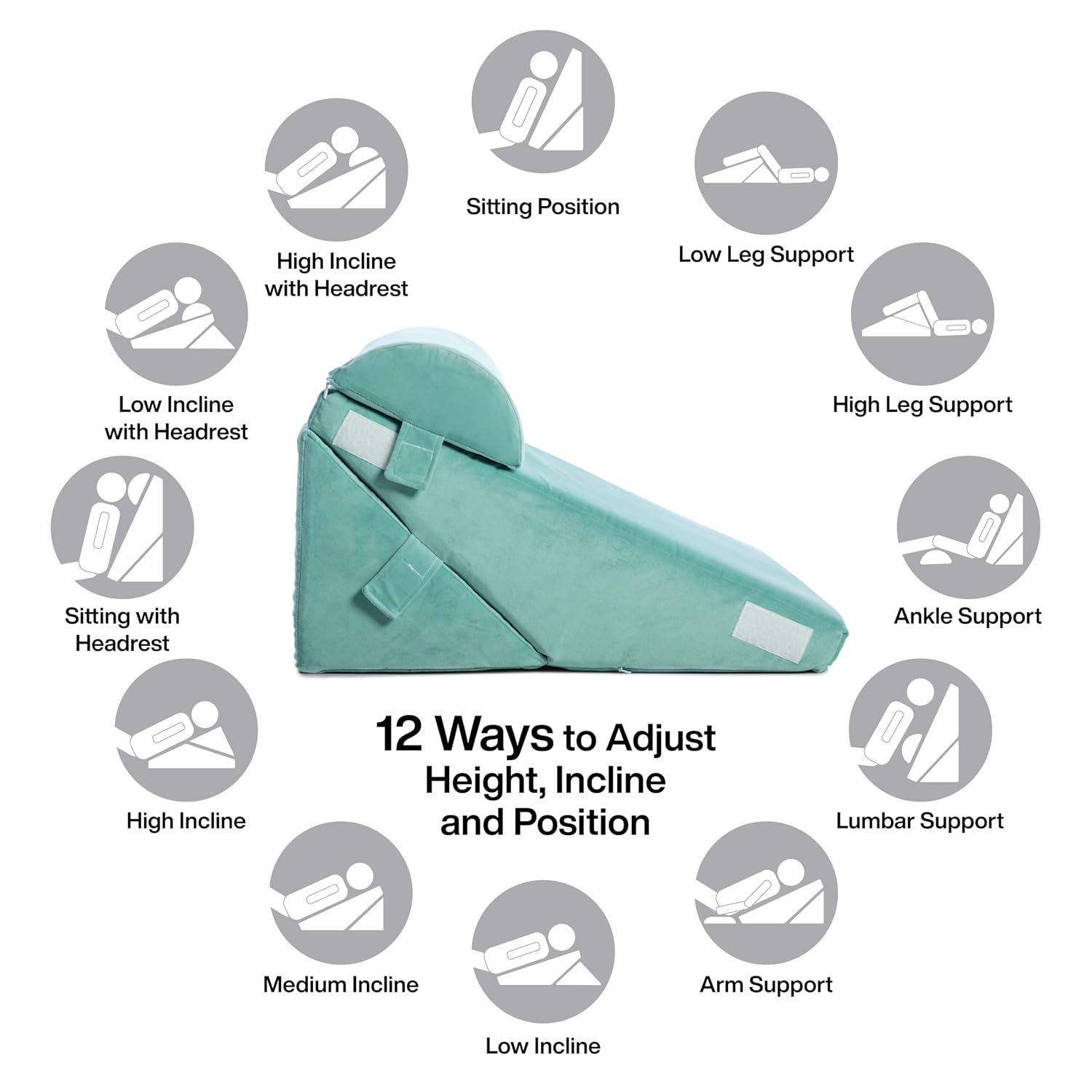 Adjustable Wedge Pillow, Memory Foam Pillow For Head, Back Support, Aqua Green - 22 X 22 X 12 Inch | Wedge Cushion, Acid Reflux, Snoring, Gerd, Leg Elevation, Pregnancy, Washable