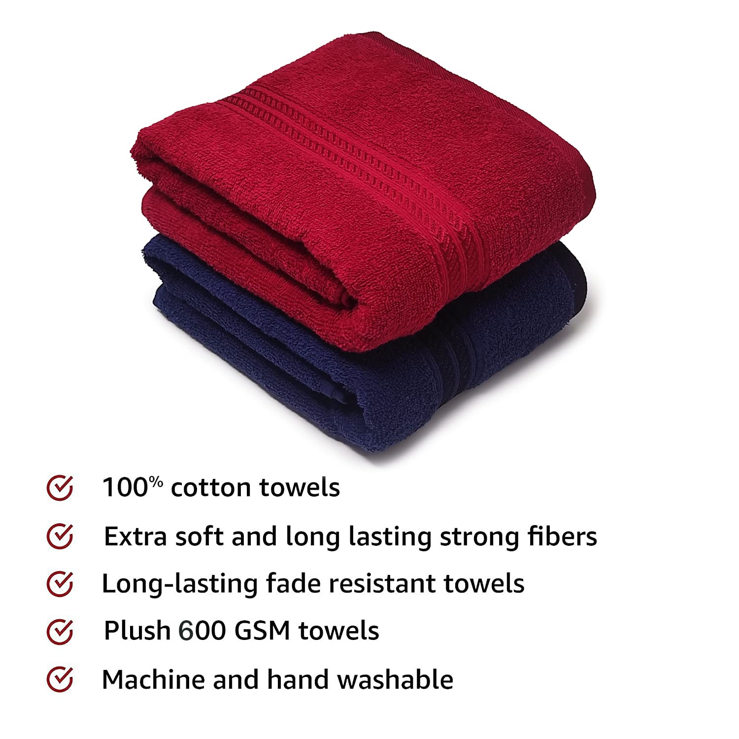 Lukzer Soft 100% Cotton Light Weight Super Absorbant Bath Towel 1200 Gsm (Dark Blue & Red) - 2 Pcs