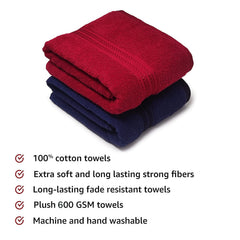 Lukzer Soft 100% Cotton Light Weight Super Absorbant Bath Towel 1200 Gsm (Dark Blue & Red) - 2 Pcs
