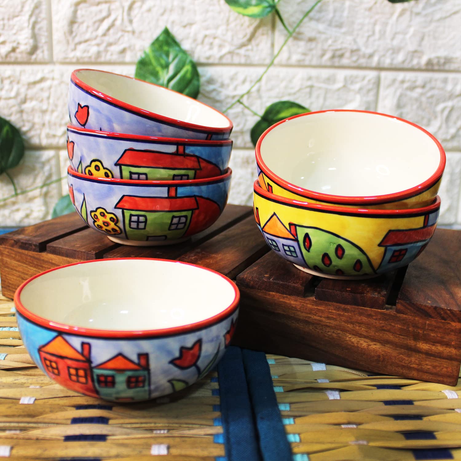 Exotic Panorama Hand Painted Ceramic Dinner Set - 12 Pieces, Multicolor | 6 Dinner Plates + 6 Katori Bowls, 180ml Each Dinnerware Set | Serving For 6, Microwave Safe & Dishwasher Safe