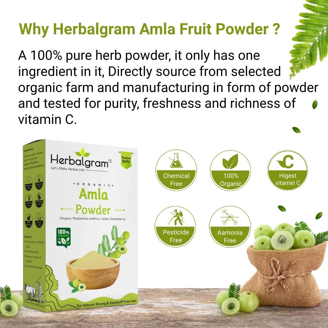 Herbalgram Organic Amla Powder Hair Growth Skin Care Scalp Treatment, 100% Natural, No Preservatives | 100gm 0.2lbs