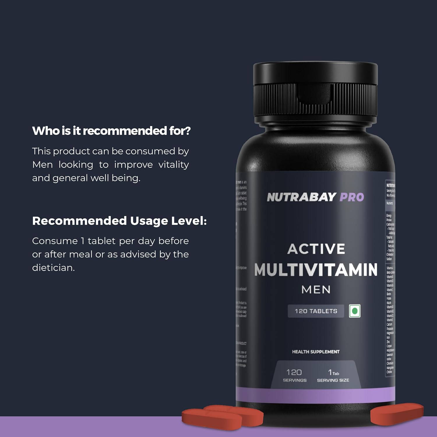 Nutrabay Pro Active Multivitamin For Men , 25 Vital Vitamins & Minerals With Zinc, Vitamin C, D, B12, & Multiminerals | Enhances Energy , Stamina & Immunity | 120 Tablets , 200gm 0.4lbs