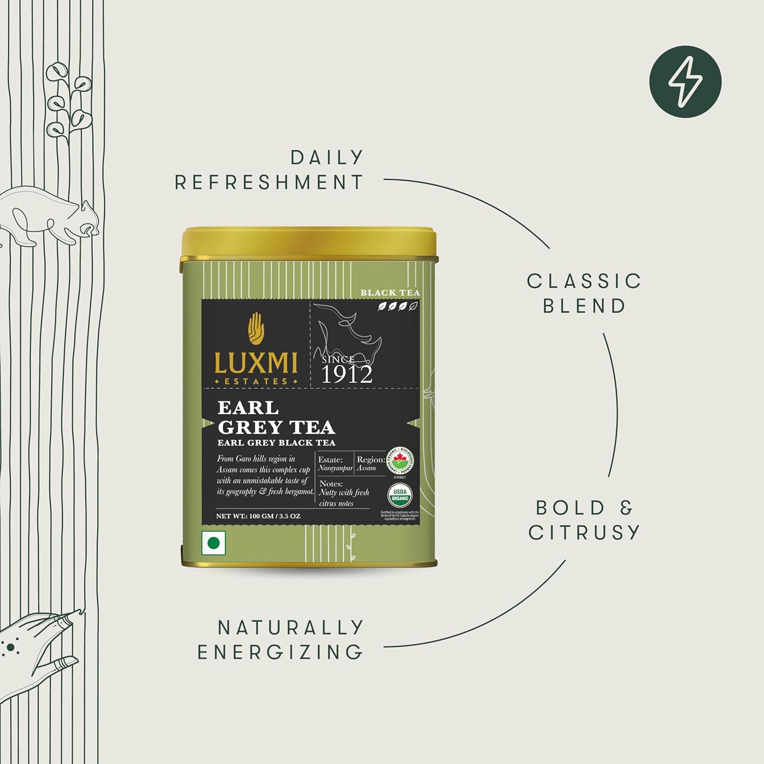 Luxmi Estates Earl Grey Black Tea - 100gm Tin, 3.5 Ounce, 50 Cups | USDA Organic Certified Tea - 100% Natural Bergamot Extracts | High Caffeine Loose Leaves Black Tea