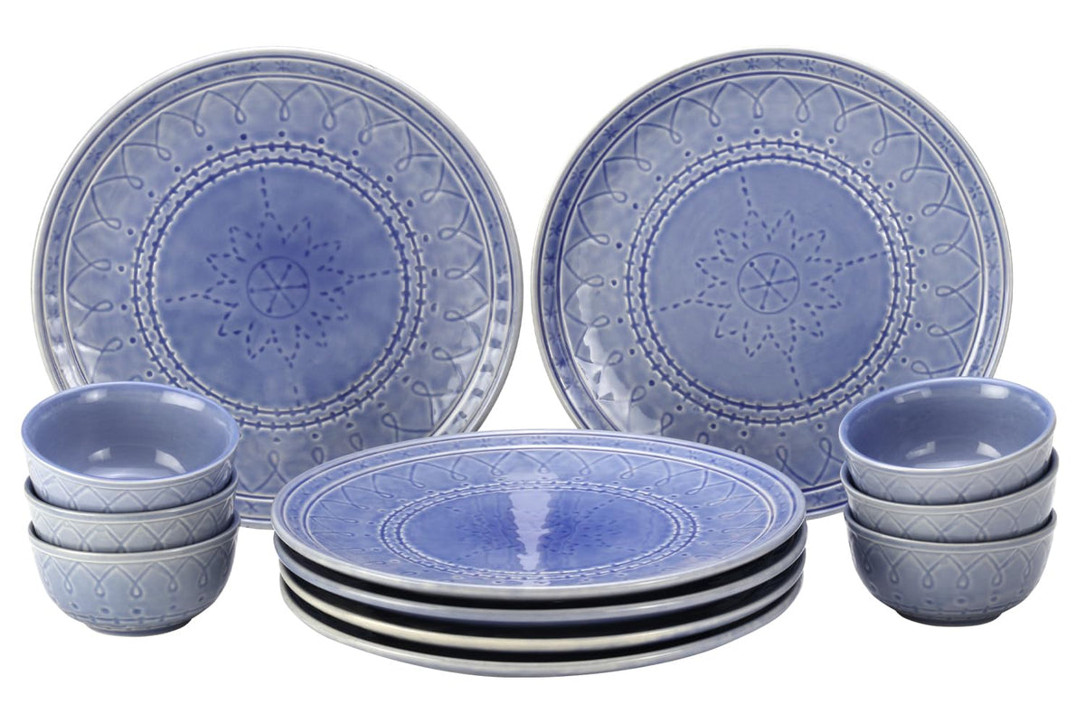 Handcrafted Stoneware Embossed Dinner Set Of 6 - Ceramic Pack Of 12 Pcs, Mist Blue | 4 Dinner Plates + 4 Bowl Or Katori, 180ml Each - Microwave & Dishwasher Safe | Serving For 6