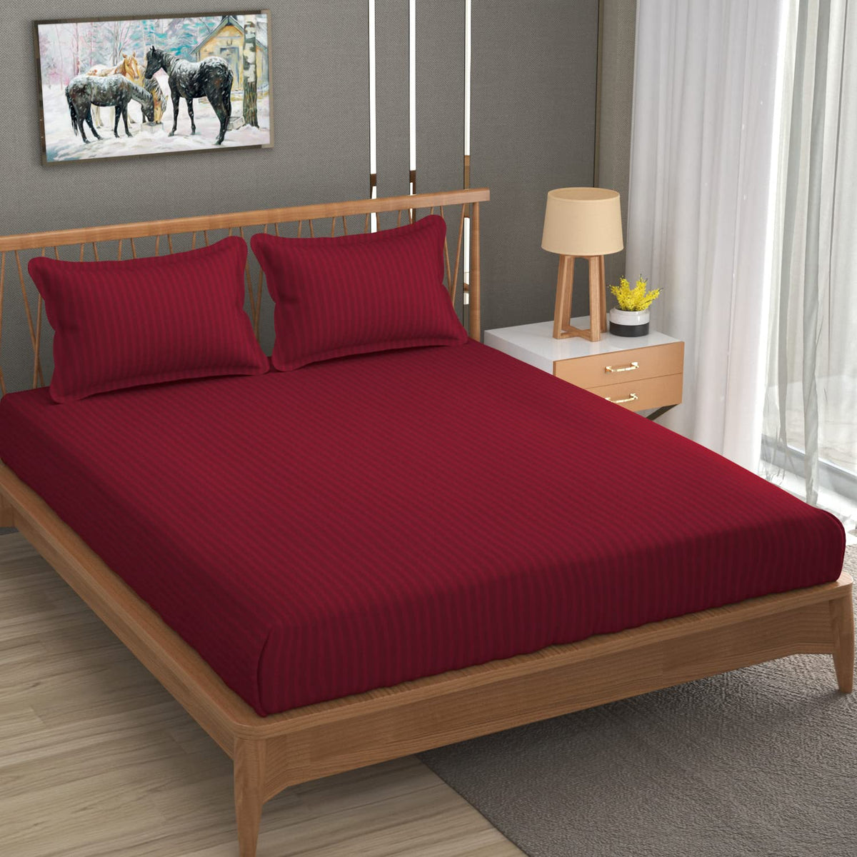 Stripe Glace Cotton 1 Double Bedsheet With 2 Pillow Cover - 91 X 90 Inches, Maroon | Fade Resistant & Durable Breathable & Wrinkle Free Bed Sheet