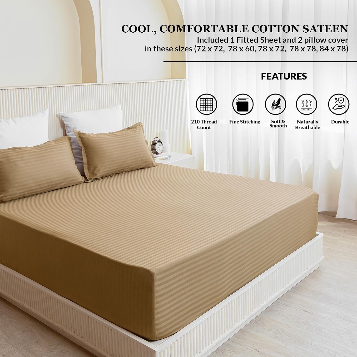 210 TC Cotton Double Bed Fitted Bedsheets With 2 Pillow Cases - 78 X 72 Inches, Taupe | Satin Stripes Wrinkle Free | Comfortable Fabric Bedsheet