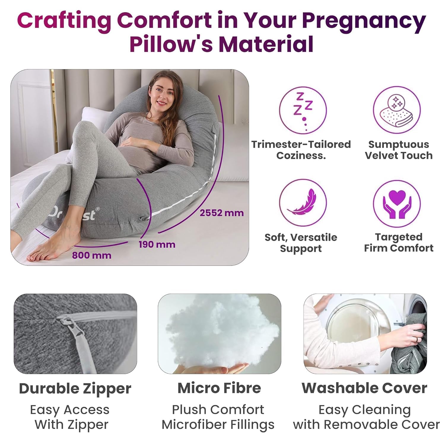 Maternity Pillow For Pregnancy Sleeping, C Shape Full Body Cushion, Grey | For Pregnant Women To Sit & Sleep Comfortable | For Sitting, Belly Support, Back Pain, Adjustable - Pack Of 1