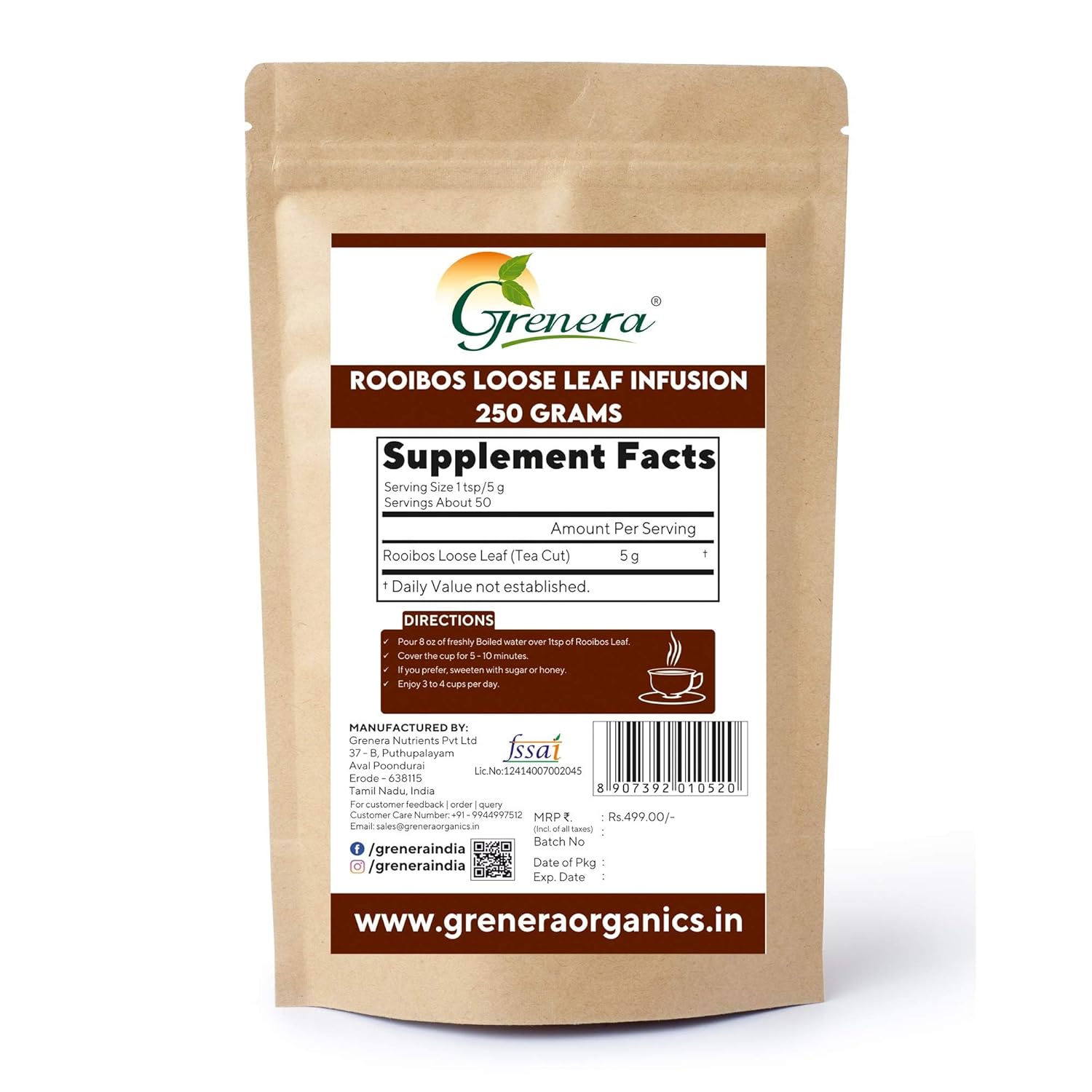 Grenera Rooibos Loose Leaf Infusion - 250gm, 8.8 Ounce | Herbal Dietary Supplement - Anti Oxidant Rich Tea | Caffeine Free, Gluten Free, Non GMO