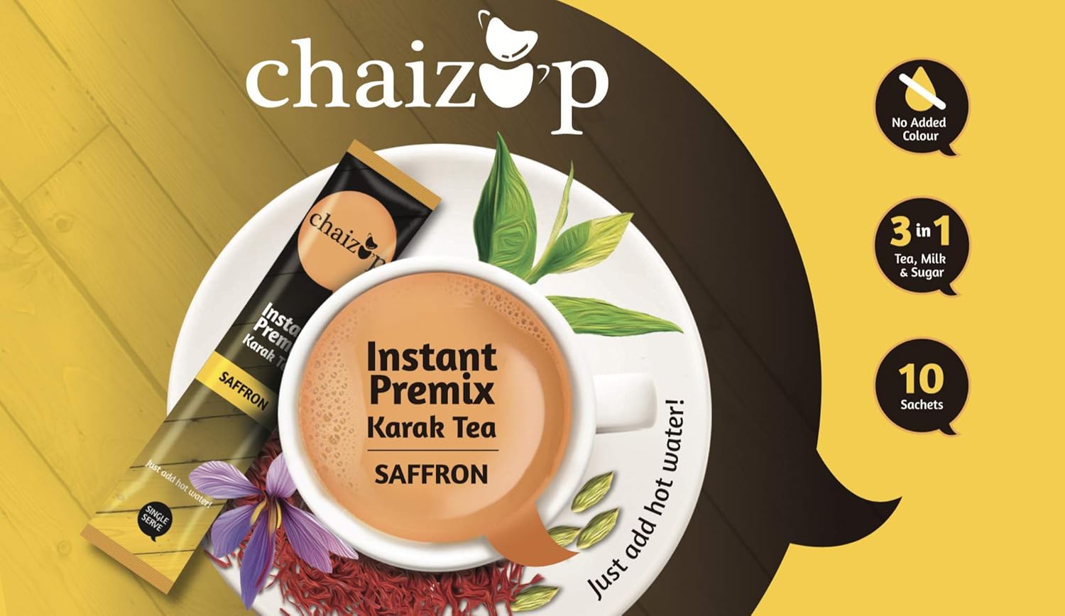 Chaizup Premium 1 Min Instant Saffron Tea Premix - Pack Of 3 X 140gm, 4.9 Ounce Each, 30 Sachets | Instant Kesar Chai Powder - Just Add Hot Water | Low Caffeine