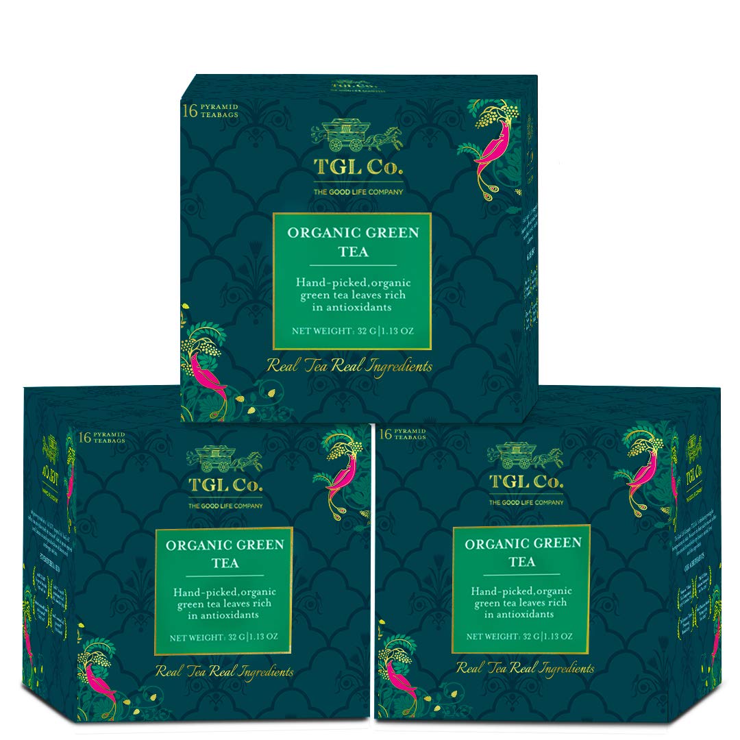 TGL Co. Organic Green Tea - Pack Of 3 X 16 Pyramid Tea Bags, 96gm, 3.3 Ounce | Rich In Anti Oxidant, Improve Digestion - Medium Caffeine, No Artificial Flavor