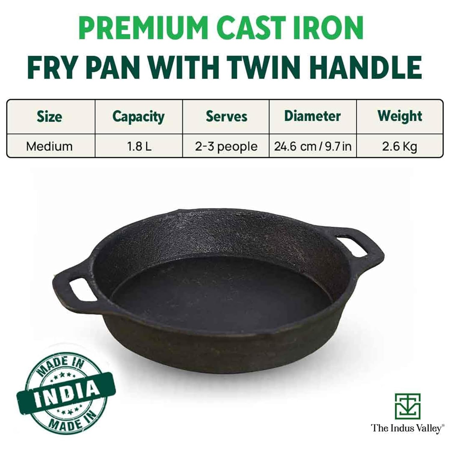 Pre-Seasoned Black Cast Iron Fry Pan Or Skillet With Double Handle - Medium 24.6 Cm, 9.7 Inch, 1.8 Liters, 2.6 Kg | Induction Friendly, Nonstick Fry Pan, 100% Pure & Toxin Free, No Chemical Coating