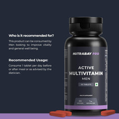 Nutrabay Pro Active Multivitamin For Men , 25 Vital Vitamins & Minerals With Zinc, Vitamin C, D, B12, & Multiminerals | Enhances Energy , Stamina & Immunity | 30 Tablets , 50gm 0.1lbs