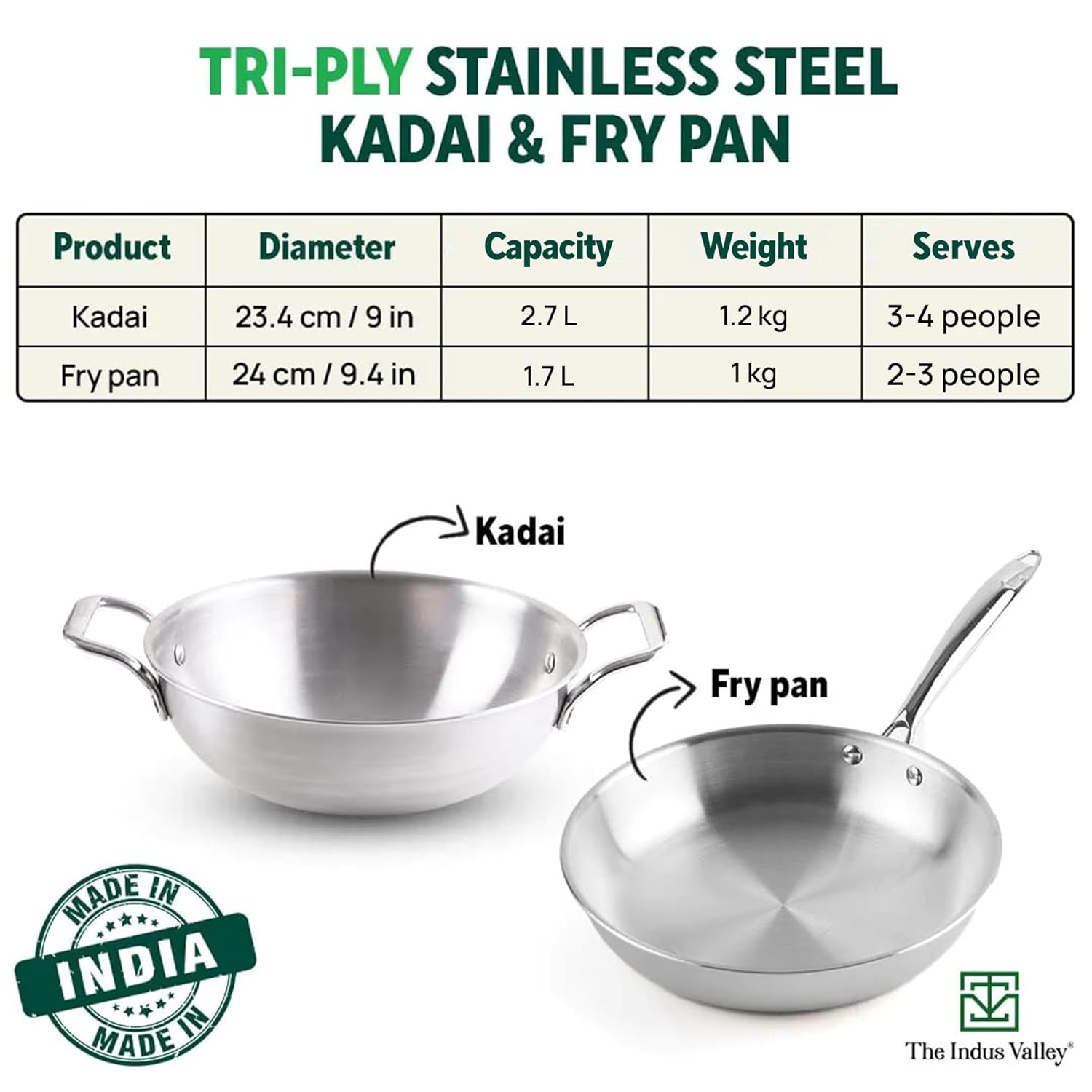 Triply Stainless Steel Cookware Set With Free Chopping Board | Kadai 23.4 Cm, 2.7 Liters + Fry Pan 24 Cm, 1.7 Liters - Induction Friendly, Nonstick 3-Layer Body, 100% Pure & Toxin-Free